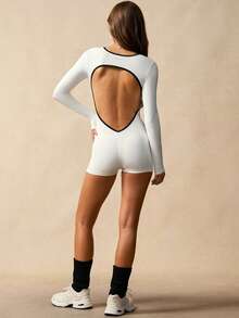 VARSIVA Women's Long Sleeve Backless Romper - Black and White - View 2