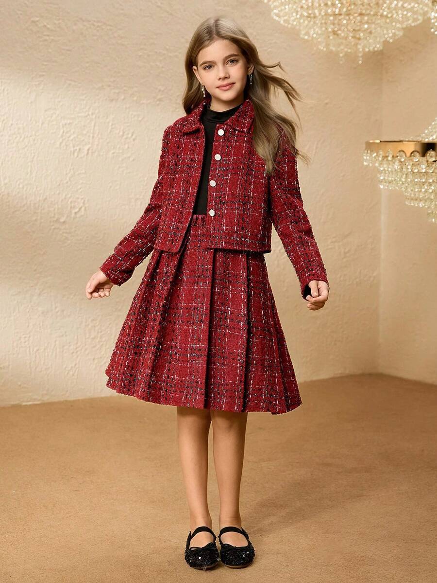 Tween Girl Autumn Simple Solid Color T-Shirt, Single-Breasted Jacket And Pleated Skirt 3-Piece Set - Burgundy - View 1