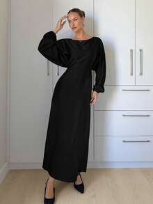 Siren Gaze 女士新款优雅浪漫休闲都市通勤时尚百搭圆领蝙蝠袖长袖系带X型修身连衣裙，适合教师、冬季穿搭、秋冬婚礼宾客着装、晚礼服 - 黑色 - 查看 3