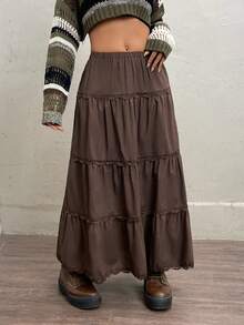 SHEIN EZwear Solid Ruffle Hem Lace Trim Skirt - Chocolate Brown - View 4