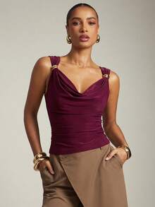 Hauture Women's Basic Casual Office Ruched Shoulder With Gold Decor Cowl Neck Top - Red Violet - View 4