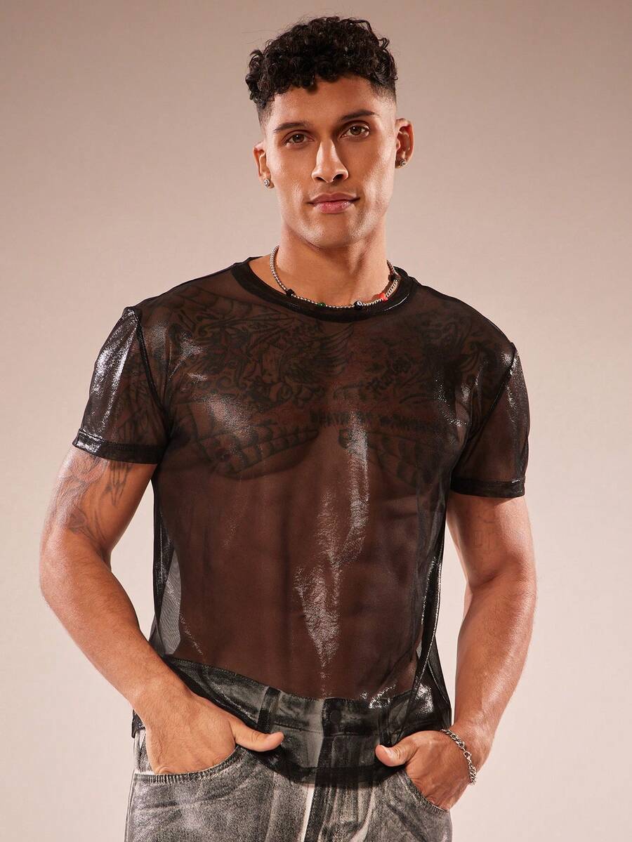 FeverCity Men's Mesh Round Neck Short Sleeve Casual T-Shirt - Black - View 1