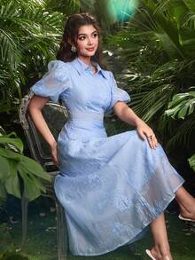 Modelyn Collared Waist Drawstring Puff Sleeve Blue Embroidered Dress - Blue - View 7