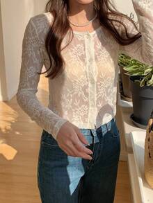 DAZY Women's Summer Round Neck Long Sleeve Fitted Lace Textured Sheer Open Front Casual T-Shirt - Apricot - View 4