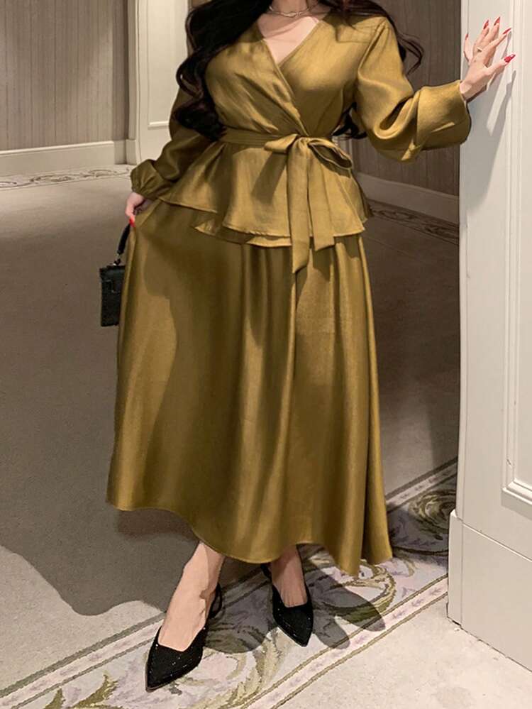 Dazy Plus Plus Size Women's Elegant Solid Color V-Neck Belted Shirt And A-Line Skirt 2-Piece Set, Spring/Summer Easter