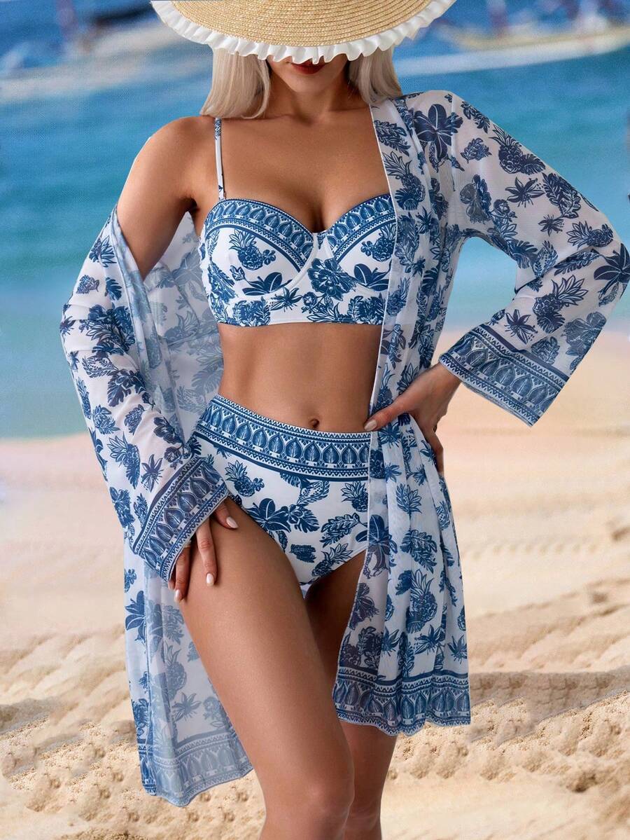 Swim Vcay Biquíni Underwire e Conjunto com Estampa de Posicionamento e Cobertura estilo Quimono para Praia de Verão - Azul e branco - Ver 1