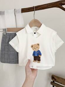 SHEIN LMoss Kids 男婴卡通熊印花背心、白色衬衫、松紧腰短裤三件套绅士套装 - 彩色 - 查看 2