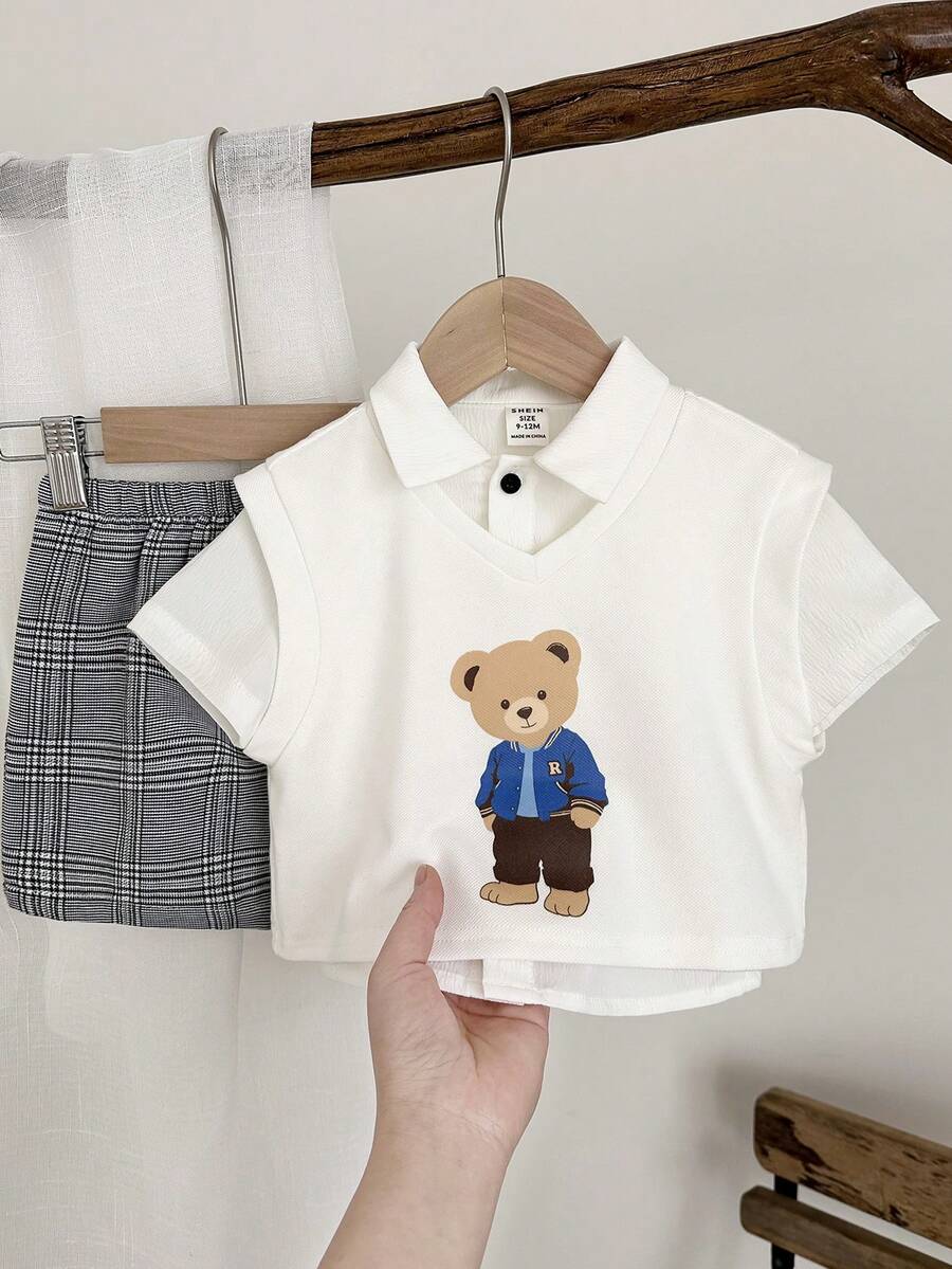 SHEIN LMoss Kids 男婴卡通熊印花背心、白色衬衫、松紧腰短裤三件套绅士套装