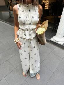 Serisse Women's Mandarin Collar Sleeveless Ruffle Hem Allover Print 2 Pieces Set, Summer - White - View 3