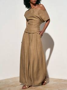 Zivah Neuer eleganter Sommer Khaki Leinen Schulterfreie Rüschen Bluse + Weite Bein Lang Hose Damen Zweiteiler. Perfekt für den täglichen Gebrauch, Einkaufen, Reisen, Urlaub, Pendeln, Brunch, Dates, Flughafen Outfits, Festivals, Musikfestivals, Konzerte, Western, Nomadisch, Schulanfang, Nachmittagstee. - Khaki - Übersicht 8