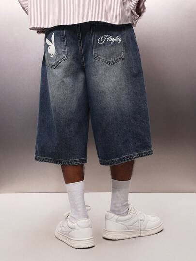 PLAYBOY X SUMWON Relaxed Fit Wide Leg Denim Jorts With Bunny Logo And Script Embroidery Knee Length Vintage Washed Summer Shorts