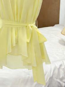 Elenzga 新款V领无袖薄纱性感系带优雅通勤度假百搭修身女式衬衫 - 黃色 - 查看 4