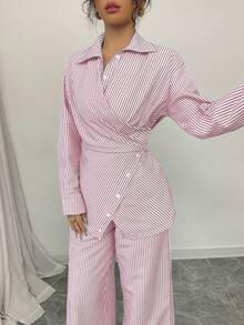 Modelyn 女士梭织条纹蓝色纽扣系带开衫长袖两件套 - 粉色 - 查看 4
