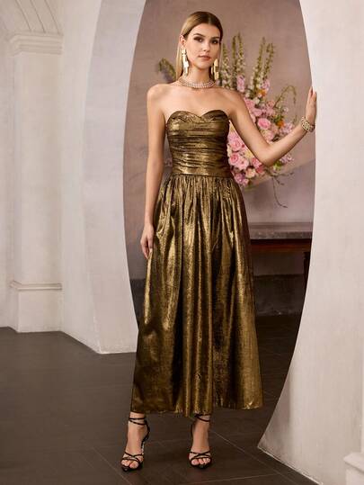 MOTF Soiréza ELEGANT GOLD PARTY DRESS ,PLEATED BODICE TRIM MAXI TUBE GOWN, BACK ZIPPER, FORM-FITTING WAIST-CINCHING SILHOUETTE , IDEAL FOR PARTIES, GALAS, NEW YEAR'S EVE & FORMAL EVENTS