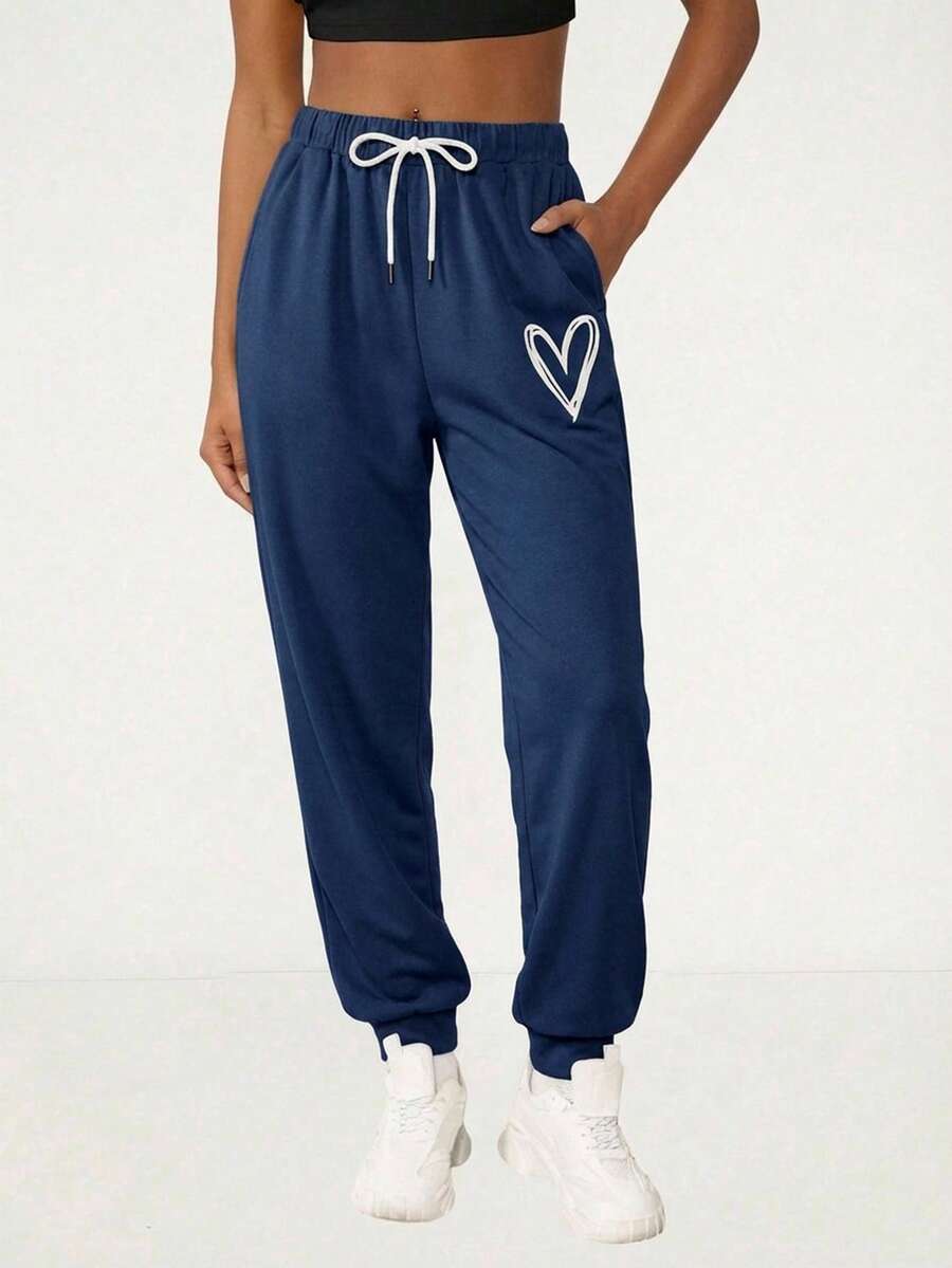 EURMUSE Plus Size Casual Versatile Heart Print Drawstring Waist Sweatpants - Blue - View 1