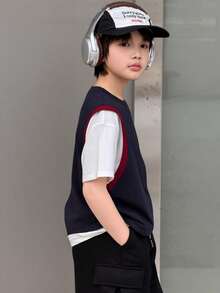 DAZY Camiseta casual de manga corta y cuello redondo 2 en 1 holgada para niño preadolescente - Azul Marino - Ver 3