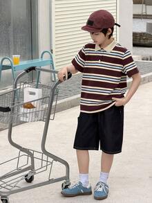 DAZY Camiseta de manga corta con cuarto de botón y rayas para niños preadolescentes en verano - Marrón - Ver 3