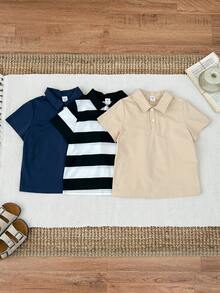 3件套男童休闲条纹短袖polo衫、衬衫、针织上衣套装，春夏款 - 黑與白 - 查看 5
