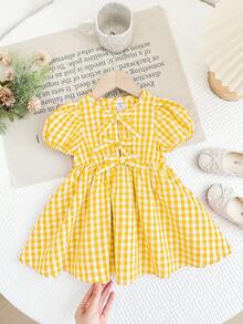 LMoss Kids 女婴格子圆领花瓣袖修身休闲连衣裙 - 黃色 - 查看 13