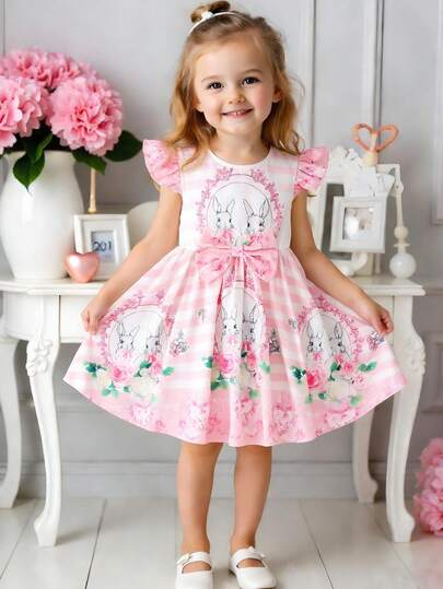 Souflis Souflis Young Girls Floral & Rabbit Print Flare Dress With Butterfly Sleeve And Bow, Suitable For Easter, Spring/Summer Kids Dress Bunny Tea Party Girls Dress Kids Dress With Short Sleeves Kids Dresses For Girls Pink Cotton Dress Girls