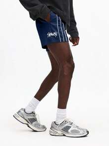 SUMWON Relaxed Fit Drawstring Shorts With Contrast Piping And Logo Print For Casual Summer Wear - Navy Blue - View 5