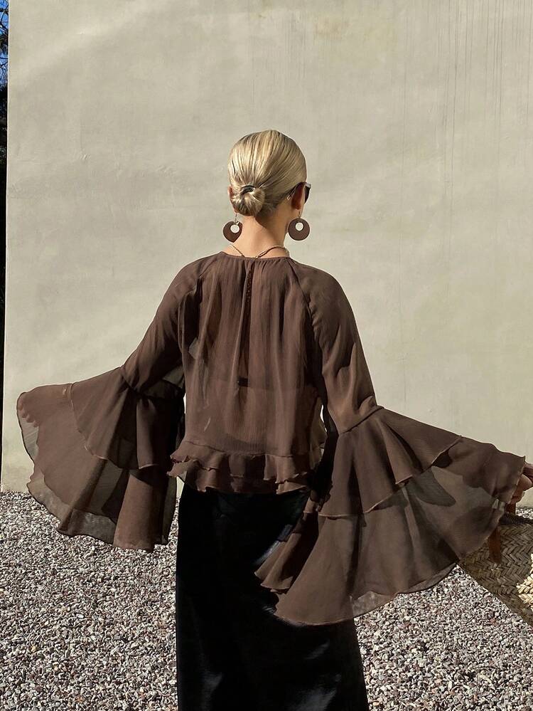 Women's Solid Color Loose Chiffon Flare Sleeve Ruffle Casual Vacation Spring/Summer Blouse