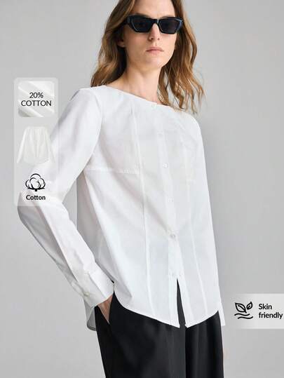 Ontre 2026ss Women's Ivory Comfortable Soft Satin Fabric Fitted One-Shoulder Boat Neck Dropped Shoulder Long Sleeve Patchwork Design Seam Pressed Sophisticated Urban Chic Business Casual Office Wear Low-Key Vintage High-End Commuter High-Quality Airport Cruise Wear Middle East Elegant Wedding Guest Outfit Minimalist Luxurious Feel Essential Versatile Casual Series Design Blouse Valentine's Day Special Design High-End, Elegant, Old-Fashioned Cruise Attire For Wedding Guests High-End, Elegant, Old-Fashi