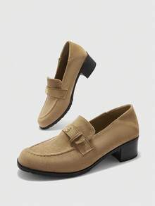 CUCCOO BIZCHIC Retro Small Leather Shoes Round Toe Thick Heel Shoes Women's Camellia Metal Buckle Simple Versatile Loafers Women's Commuting Valentine's Day - Apricot - View 7