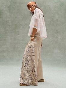 Bohemela 女士休闲阔腿直筒牛仔裤，印有脚印图案 - 卡其色 - 查看 7