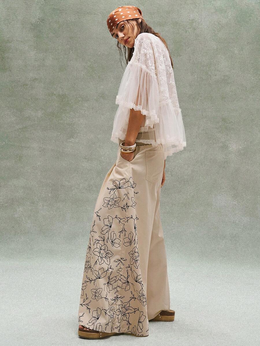 Bohemela Jeans rectos de pierna ancha con estampado de estilo boho y campestre para mujer - Caqui - Ver 1