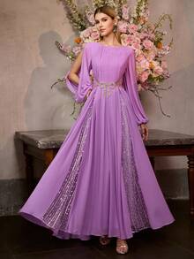 MOTF PREMIUM 女士新款芋紫色雪纺串珠长袖正式礼服，飘逸优雅长款晚礼服 - 紫色 - 查看 6