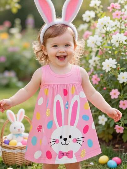 SHEIN Playful Pals Baby GirlFashionable Knit Sleeveless Dress, Cute Rabbit & Easter Egg Print, Suitable For Casual Wear, Party And Holiday Events