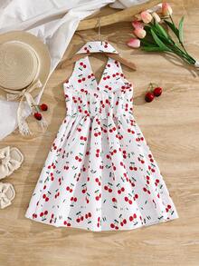 Emery Rose Kids 少女樱桃印花休闲梭织衬衫裙 - 白色 - 查看 2