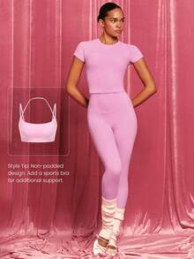 GLOWMODE Glow Era Soft Stretchy Round Neck Slim Fit Cropped Short Sleeve Active Crewneck Tee Low-Impact Yoga Pilates Gym Studio Daily Casual Wear - Pink - View 5