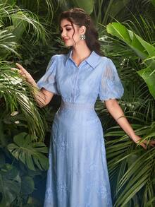 Modelyn Collared Waist Drawstring Puff Sleeve Blue Embroidered Dress - Blue - View 1