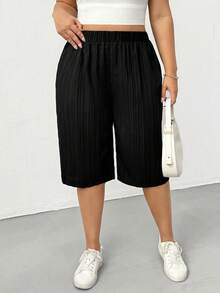 大码女装春夏时尚休闲宽松舒适日常百搭显瘦纹理面料黑色弹力腰五点裤，女式下装，夏季穿搭，曲线短裤 - 黑色 - 查看 3