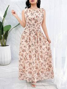 Feyla Women's Floral Print Ruched Waist Elegant Dress, Suitable For Dates And Parties - Apricot - View 4