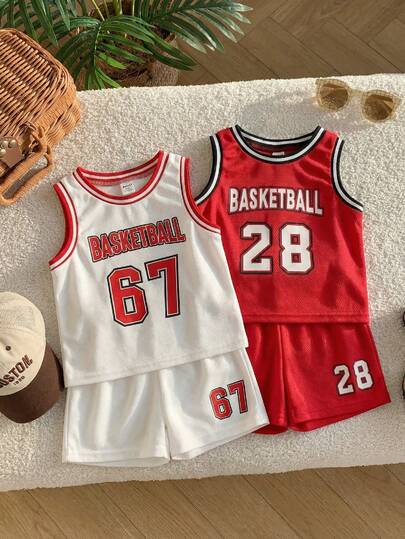 SHEIN 4pcs/Set Baby Boy Summer Cute Sports Casual Loose Patchwork Letter Print Tank Top & Elastic Waist Shorts Set, Basketball Uniform Baby Boy Jerseys Pack Basketball Jersey For Toddler Boys 2t Boy Sets