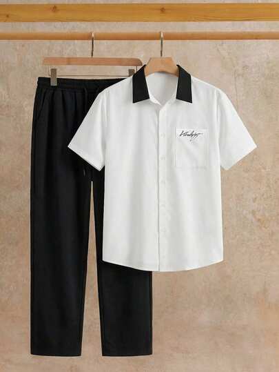 HIMLAND Conjunto casual para o dia a dia: Camisa polo masculina de manga curta com estampa de letras e abotoamento simples, combinada com calça pantalona de cintura ajustável por cordão.