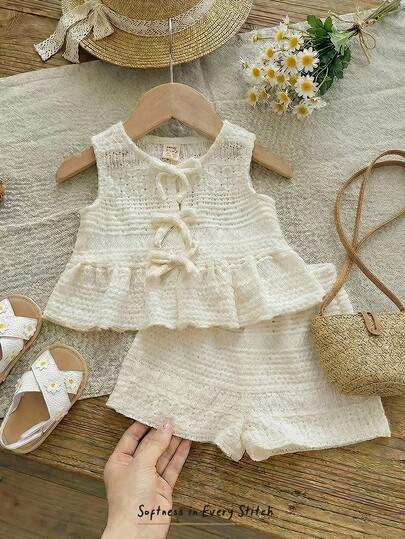 Cozy Pixies Set de 2 piezas de top de cárdigan sin mangas de cuello redondo de punto suave de unicolor y pantalones cortos de cintura elástica para niña bebé