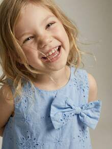 Maija Kids Young Girl Blue Embroidered Bow Decor Round Neck Sleeveless Casual Dress,Kids - Blue - View 8