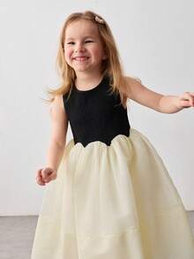 Maija Kids Young Girl Knitted Jacquard Contrast Mesh Round Neck Sleeveless Cute Dress - Multicolor - View 3
