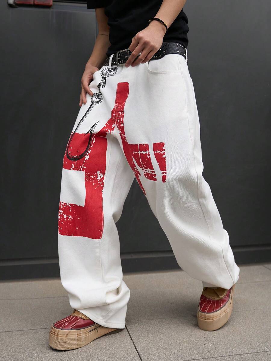 Manfinity ZONE917 Men's Graffiti Print Loose Fit Straight Leg Jeans - White - View 1