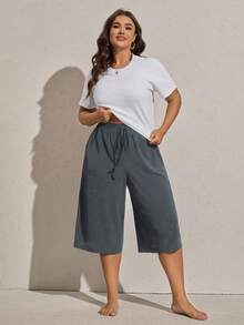 Comfylo 加大码女式夏季黑色丝滑超薄功能性针织罗纹面料亲肤顺滑不粘腻纯色休闲运动基础款短裤，带口袋，前抽绳松紧腰，高腰显瘦直筒宽松及膝短裤 - 霧霾藍 - 查看 7