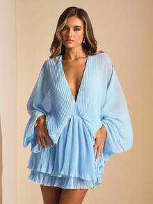 SHEIN BAE Baby Blue Elegant Ruched V-Neck Backless Batwing Sleeve Mini Dress, Suitable For Wedding Guest, Brunch, Social Occasions, Summer, Date, Birthday Party - Baby Blue - View 1