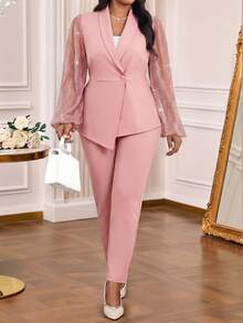 Fleurora 大码纯色披肩领灯笼袖优雅简约套装粉色裤装女士粉色套装优雅裤装两件套粉色套装女士优雅礼服套装女士套装粉色套装女士粉色亮片袖套装优雅裤装两件套女士粉色套装优雅两件套裤装两件套闪亮袖套装 - 粉色 - 查看 2