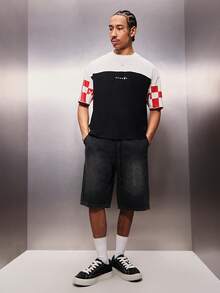 PLAYBOY X SUMWON Flame Logo Color Block Short Sleeve Crew Neck Regular Fit Number 53 Varsity Style Graphic Back Print Cotton Casual Streetwear Summer Weekend Wear - Black - View 3