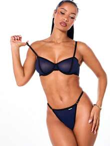 SUMWON WOMEN 半罩杯文胸和内裤套装，撞色包边细节，钢圈加厚支撑，贴身内衣 - 藍色 - 查看 5