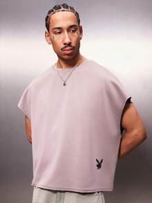 PLAYBOY X SUMWON Mens Boxy Fit Crew Neck Sleeveless Tank Top With Small Black Logo Print Summer Essential - Dusty Purple - View 4