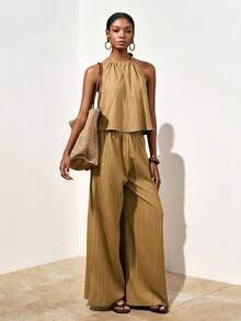 Zivah 春夏新品：音乐节、西部风、游牧风、生日派对、毕业季、学院风、学生装、日常穿搭、百搭基础款、休闲风、度假、邮轮旅行、海滩、海边、日光浴、网红热单、街头风、无袖宽松背心露背吊带上衣搭配宽松阔腿裤，女士褶皱面料休闲优雅两件套 - A - 橄欖綠 - 查看 4
